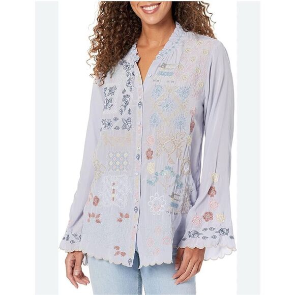 Biya Johnny Was embroidered blouse top silk boho Sz M Periwinkle - Picture 1 of 13